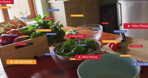 Rustic kitchen salad prep with metal colander of leafy greens and social ui overlays