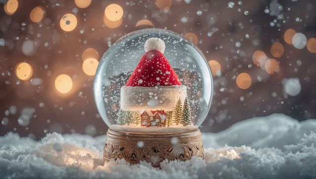 Vintage carved base snow globe with santa hat and miniature winter village under falling snow