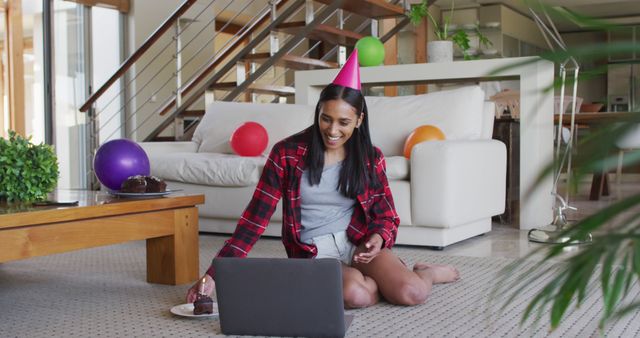 Woman Celebrating Virtual Birthday at Home with Laptop - Download Free Stock Images Pikwizard.com