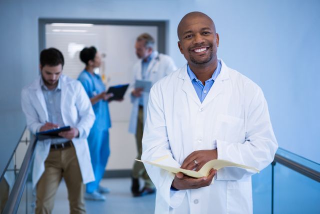 Confident Male Doctor Holding File in Hospital Corridor - Download Free Stock Images Pikwizard.com