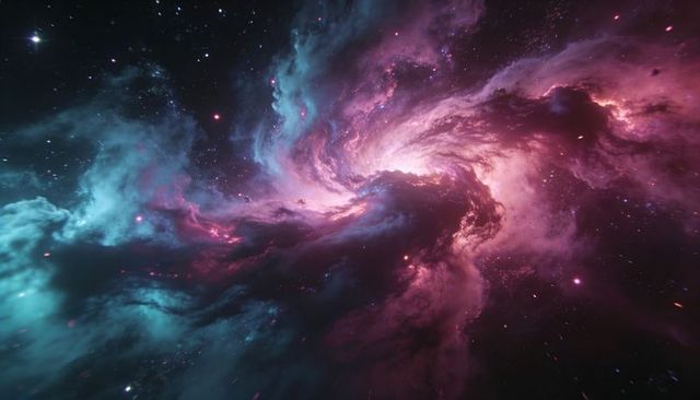 Swirling magenta and cyan nebula spiral with dark lanes and stellar filaments for sci-fi art