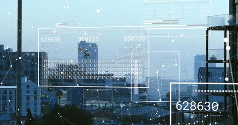 Futuristic data networks over city skyline
