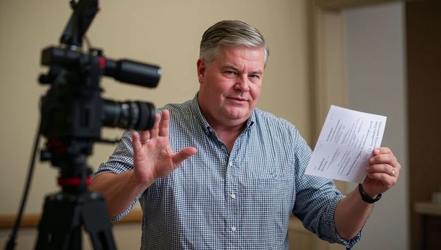 Corporate presenter delivering recorded briefing to camera while holding document and gesturing