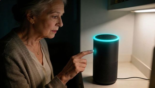 Senior woman pressing smart speaker button at kitchen counter with glowing led ring