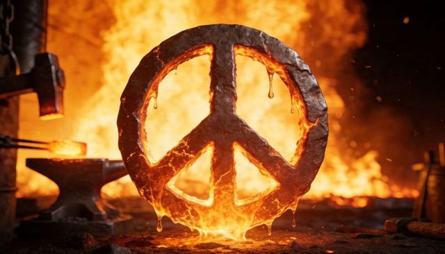 Forging molten peace emblem, glowing peace symbol radiating heat in fiery foundry workshop