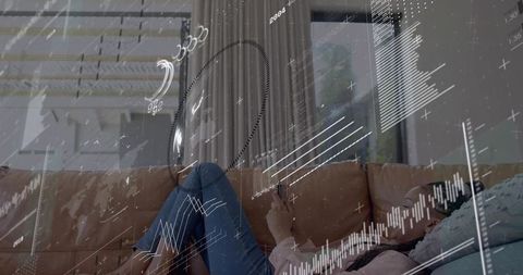 Woman reclining on sofa using smartphone with financial charts and stock market overlay