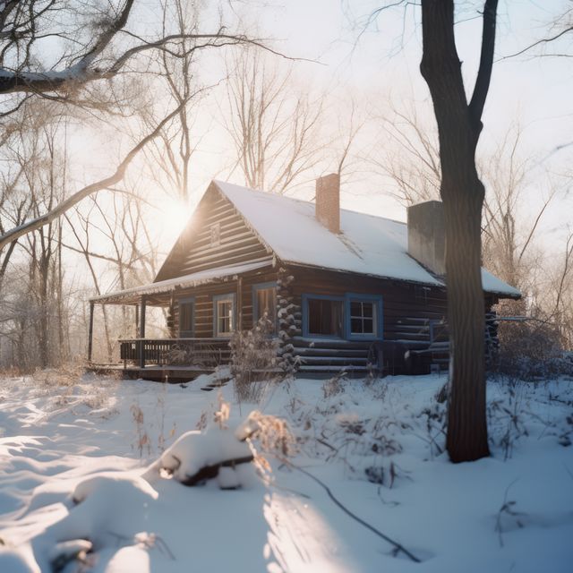 Log cabin in snow in nature, created using generative ai technology. Log cabin, vacation and nature concept digitally generated image.