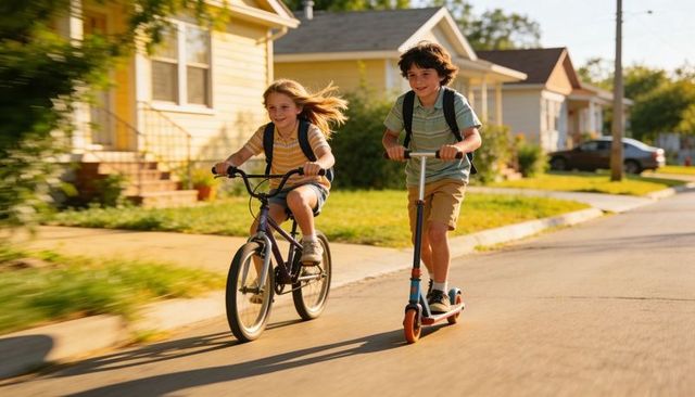 Children riding bicycle and scooting down sunny suburban street with backpacks