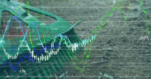 Garden rake with financial chart concept symbolizing market growth