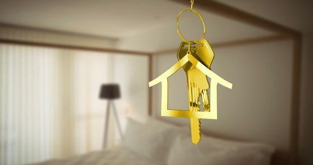 Golden House-Shaped Keychain Hanging in Cozy Bedroom - Download Free Stock Images Pikwizard.com