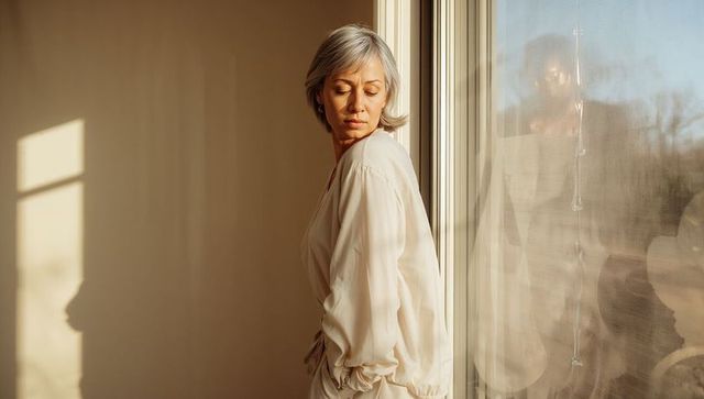 Mature woman with gray hair gazing through sheer curtain in sunlit calm minimalist interior