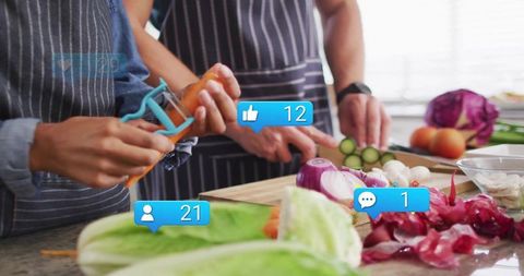 Couple preparing fresh vegetables with social media icons overlay in bright home kitchen