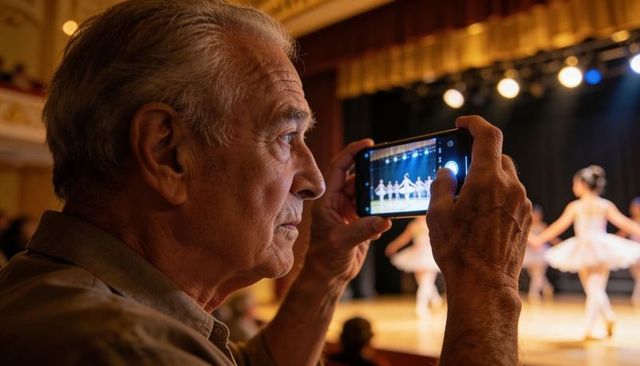 Senior man recording ballet recital on smartphone in ornate theatre, capturing ballerinas in tutus