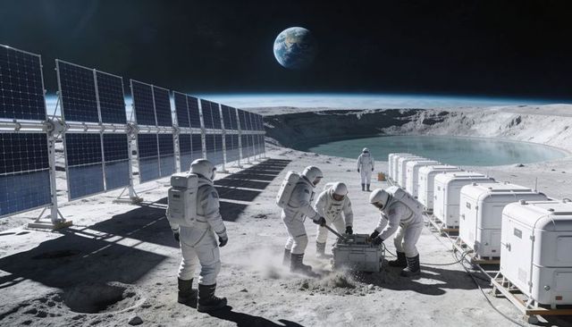 Lunar crew excavating equipment near crater rim with solar panels and Earthrise