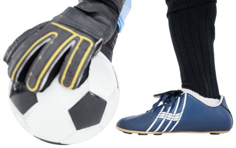 Close-up of goalkeeper with ball and soccer cleats on transparent background