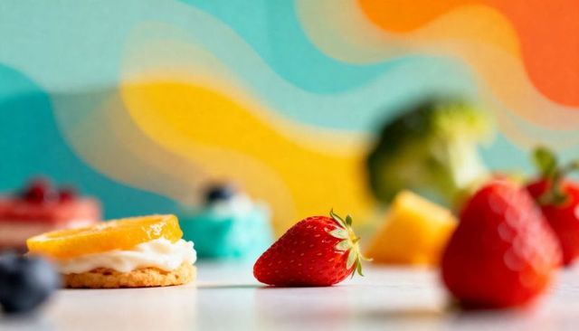 Single ripe strawberry resting on tabletop with biscuit, blueberries and colorful mural