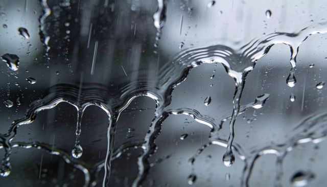 Rain Droplets and Rivulets on Window Glass with Moody Bokeh and Soft Tree Silhouettes