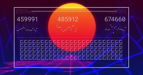 Futuristic interface over neon landscape with glowing sun