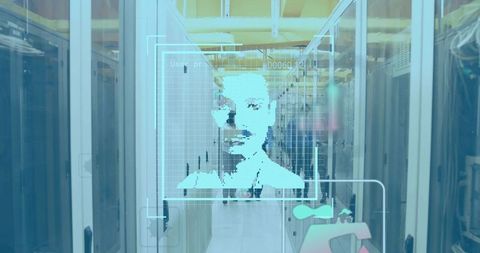 Holographic face scan projecting over server aisle in modern data center, biometric security