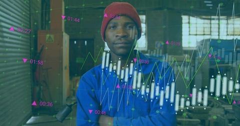 Technician in workshop with financial data visualization overlay