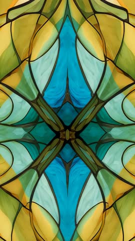 Looping Stained-Glass Kaleidoscope Vertical Motion with Cyan Teardrop and Symmetrical Mosaic