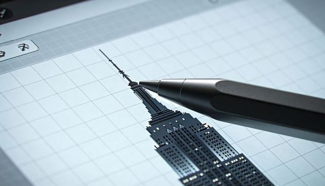 Digital stylus drawing art deco skyscraper on grid tablet ui architectural design workflow