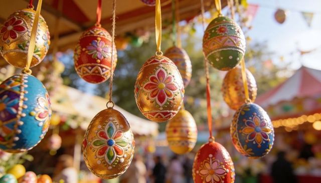 Hand-painted Easter eggs hanging on satin ribbons shimmering at sunlit spring market decor