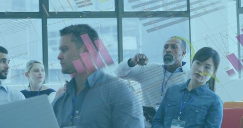 Diverse workforce collaborating with digital infographic overlay