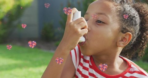Young Girl Using Inhaler Outdoors with Floral Heart Overlay - Download Free Stock Images Pikwizard.com
