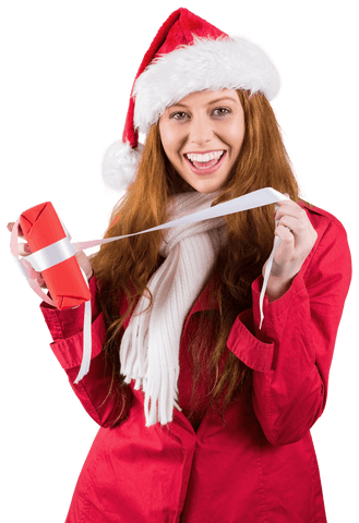 Festive Redhead Opening Gift with Santa Hat on Transparent Background