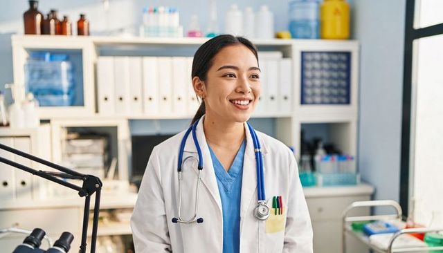 Smiling asian doctor wearing lab coat and stethoscope, standing in clinic with microscope