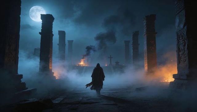 Cloaked traveler walking through moonlit ruins toward altar cross amid fog and fire