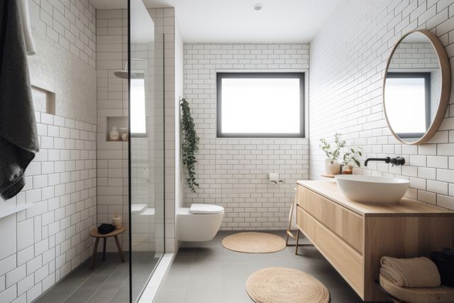 Modern minimalist bathroom featuring sleek white tiles and a wooden vanity with a built-in sink. The space includes a round mirror above the vanity, decorative plants, and a walk-in shower with a glass door. Ideal for home decor inspiration, interior design concepts, and modern living aesthetics.