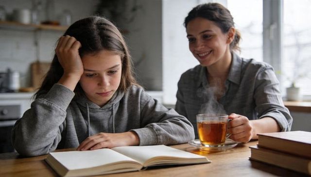 Teenager studying at kitchen table while mother offering tea cozy homework support