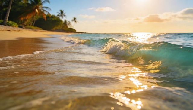Sunlit turquoise wave breaking on golden sand tropical beach with palm trees and horizon glow