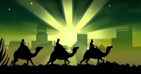Three Wise Men Traveling on Camels in Mystical Green Landscape - Download Free Stock Images Pikwizard.com