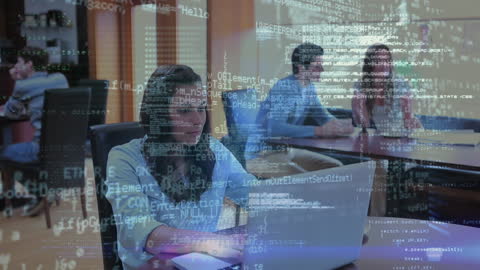 Woman Programming on Laptop with Data Projection Overlay