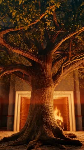 Vertical Hearth Fire Casting Warm Light Across Ancient Tree Trunk in Rustic Interior
