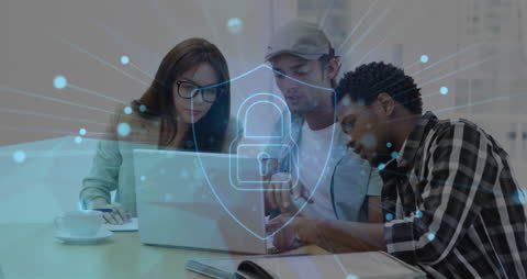 Team Collaborating with Digital Security Concept Overlay