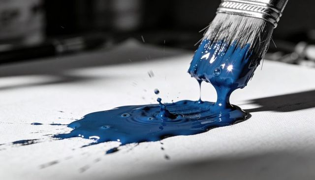 Blue Paint Splash Dripping from Brush onto White Canvas Macro Glossy Pigment Texture