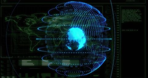 Rotating Holographic 3D Globe HUD with Neon Point Cloud and Concentric Rings Telemetry