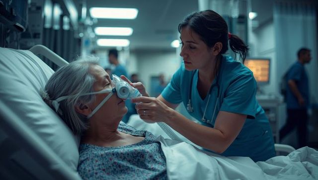 Nurse adjusting oxygen mask for elderly patient in hospital ward showing compassionate care