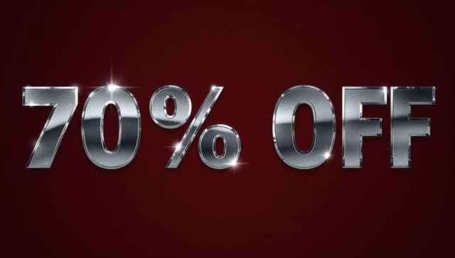 Gleaming chrome 70% off lettering on burgundy background drawing attention for sale