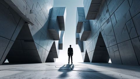 Businessman standing between geometric futuristic walls