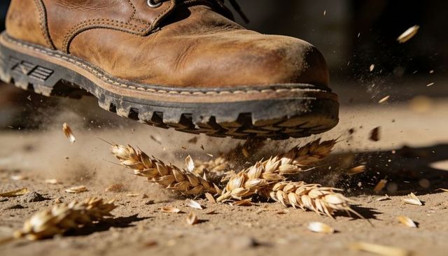 Rugged work boot stomping dry wheat stalks, dust and chaff flying, rustic grain damage