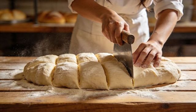 Baker Cutting Dough with Bench Scraper on Floured Wood Counter Rustic Loaf Portioning