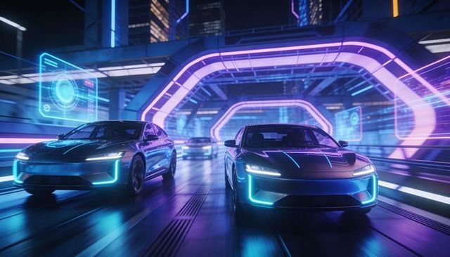 Neon-lit electric sedans racing through futuristic cyber tunnel with holographic hud