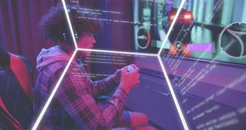 Gamer wearing headset playing controller with neon cyberpunk hud and streaming vibe