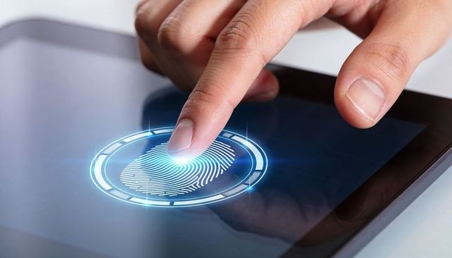 Touching Fingerprint Scanner on Tablet Touchscreen with Holographic Biometric Interface