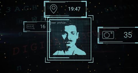 Futuristic digital profile analysis interface with data nodes